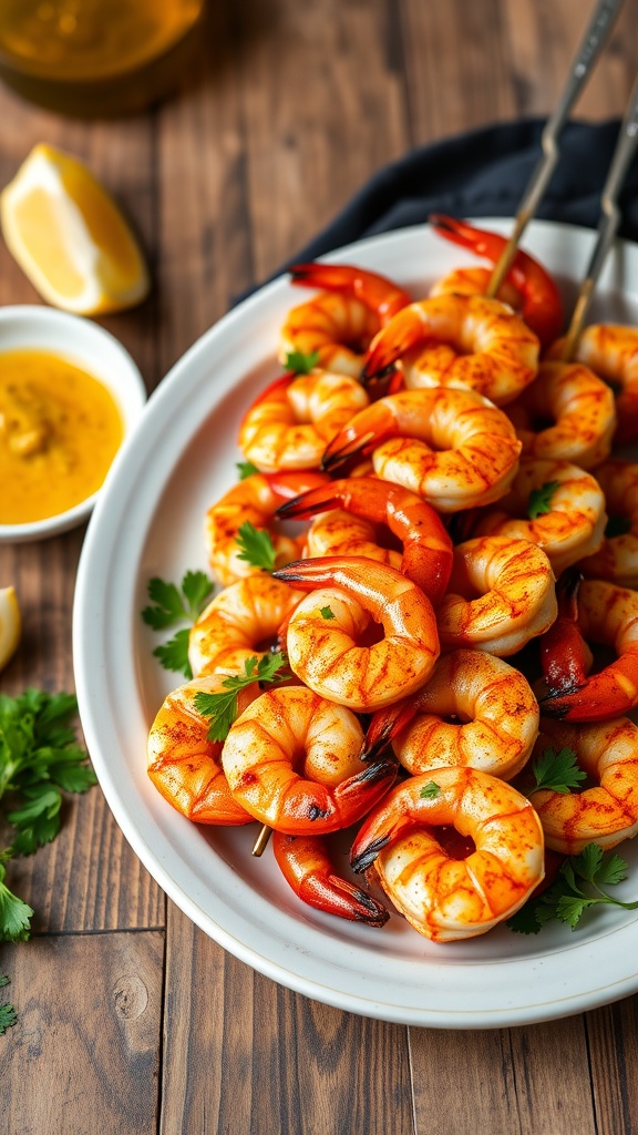 Grilled spicy shrimp skewers on a plate, garnished with parsley, alongside a bowl of dipping sauce and lemon.